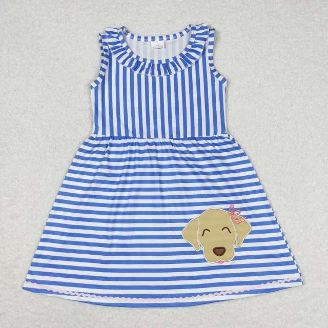 GSD0934 Embroidered puppy blue striped lace sleeveless dress