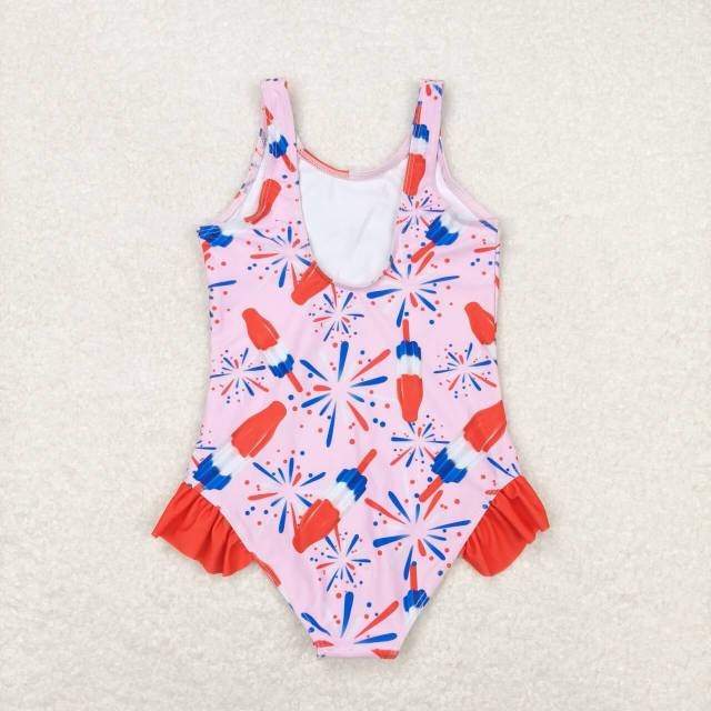 S0333 Fireworks popsicle red lace pink one-piece swimsuit