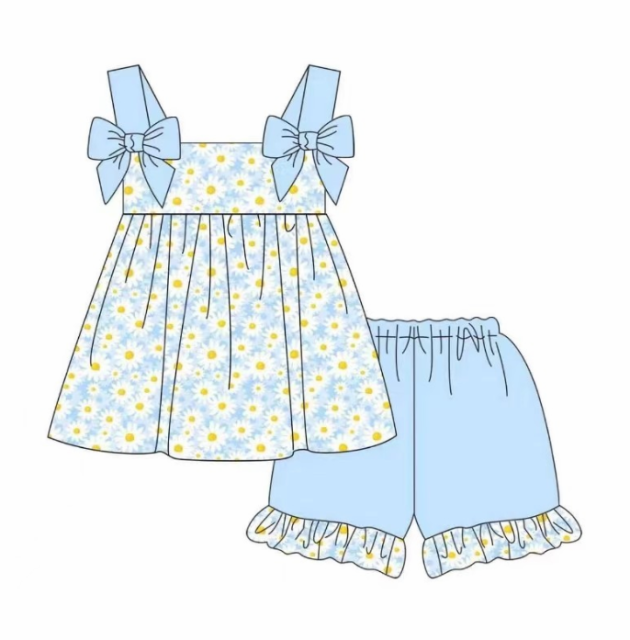 pre sale girls summer outfit sets  light blue bow sleeves top little daisy print and shorts