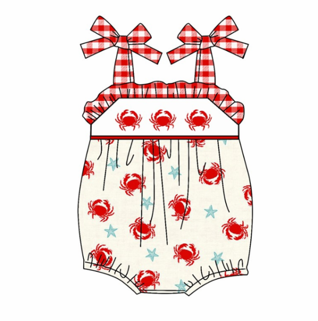pre sale baby girl clothes  bow suspenders top crab print  with romper