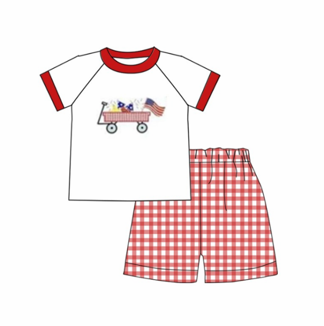 pre sale  boys  summer outfit sets   short sleeves top flag print  with  red and white plaid  shorts