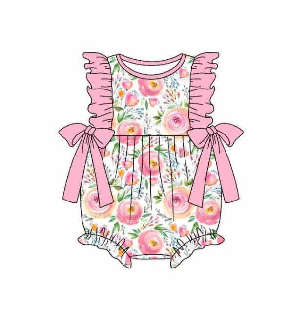 pre sale baby girl clothes  sleeveless top light pink bow flowers print  with romper