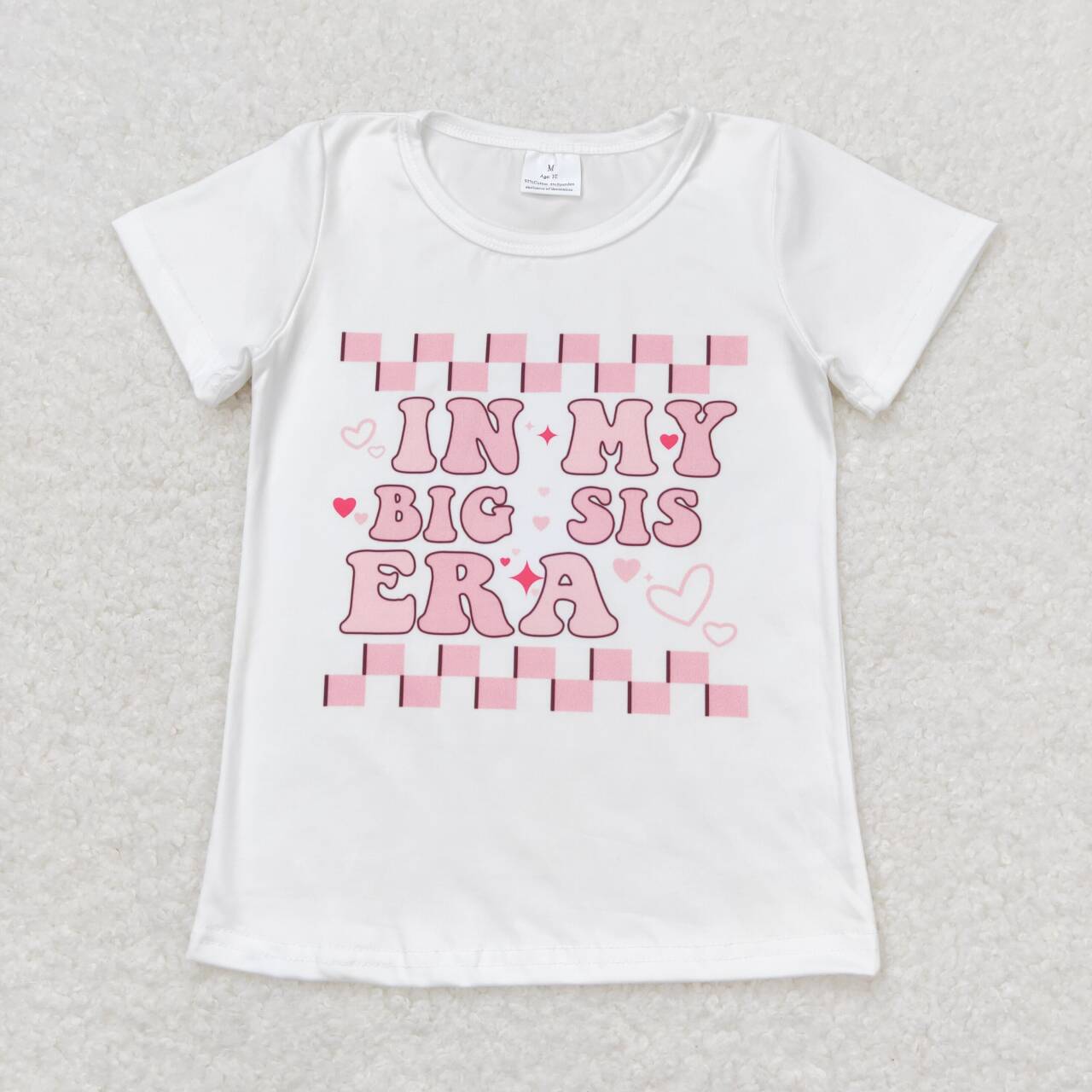 GT0556 in my big sis era letter pink and white plaid short sleeve top