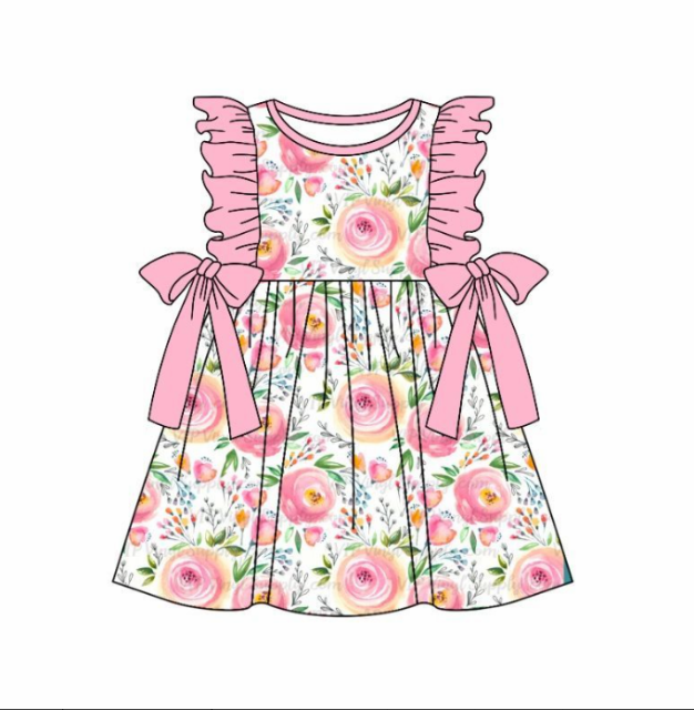 pre sale girls dresses  sleeveless top  light pink bow flowers print with dress