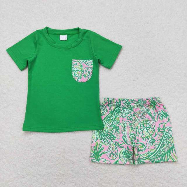 BSSO0839 Seaweed Pattern Pocket Green Short Sleeve Shorts Set