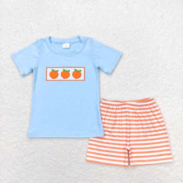 BSSO0417 Embroidered orange blue short sleeve orange and white striped shorts set