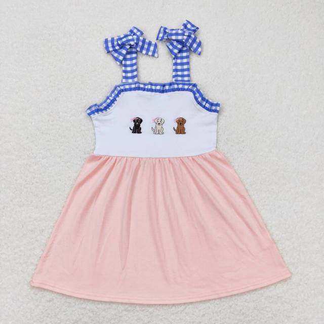 GSD0834 Embroidery three bow puppies blue and white plaid pink suspender dress