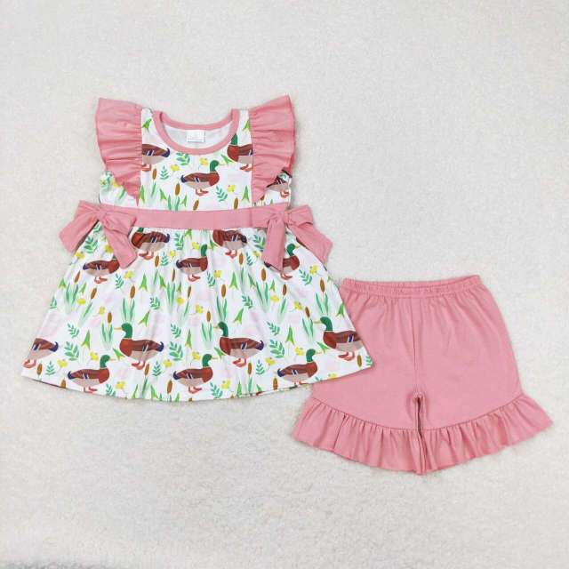 GSSO0517 Duck flower pink lace bow short-sleeved shorts set