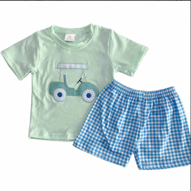 pre sale boys summer outfit sets  short sleeve top embroidery sightseeing car  print and shorts