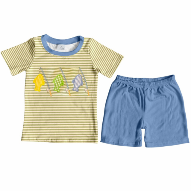pre sale boys summer outfit sets short sleeve top embroidered fishing rod and fish  print with shorts