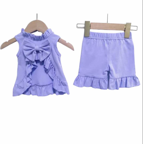 pre sale girls summer outfit sets  short sleeves top purple bow print and shorts