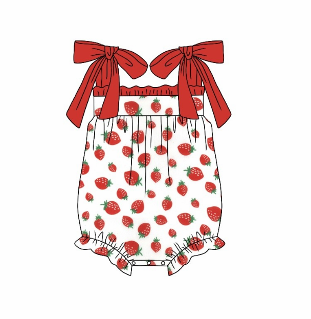 pre sale baby girl clothes  bow suspenders top strawberry print  with romper