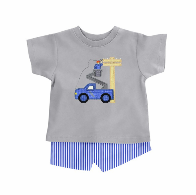 pre sale boys summer outfit sets  short sleeve top embroidery tower crane  print and shorts