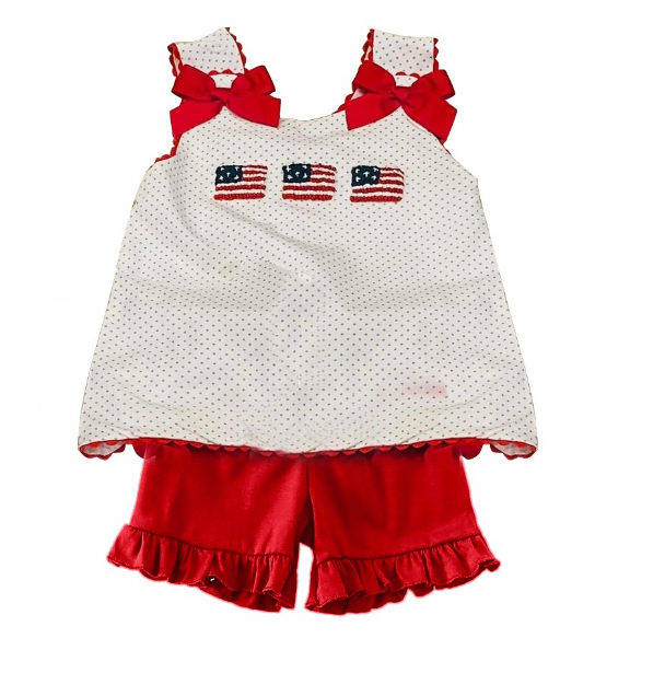 pre sale girls summer outfit sets  sleeveless top bow flag print and red lace  shorts