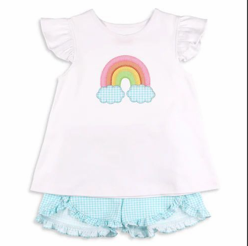 pre sale girls summer outfit sets  flying sleeves top rainbow bridge print and shorts