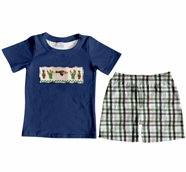 pre sale boys summer outfit sets Ink-blue colour short sleeve top lattice  print and shorts