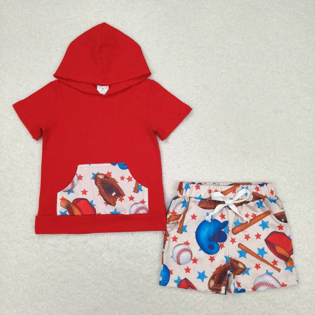 BSSO0704 Baseball Star Pocket Red Hooded Short Sleeve Shorts Set