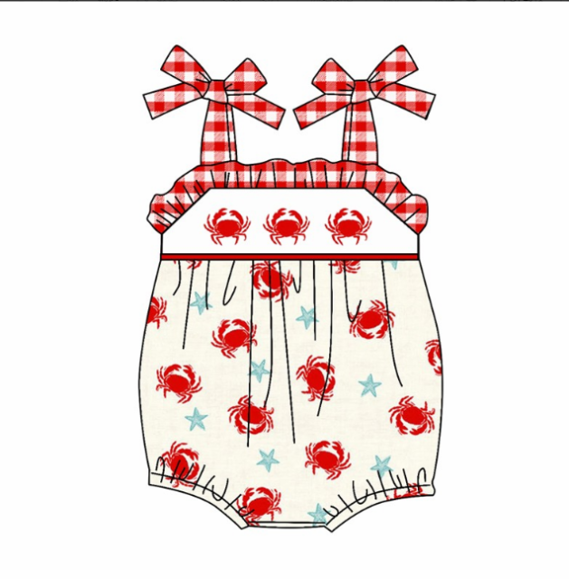 pre sale baby girl clothes  bow suspenders top red crab print  with romper