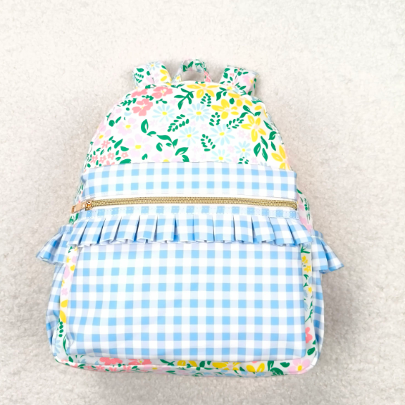 BA0097 Flower pink lace light blue plaid backpack