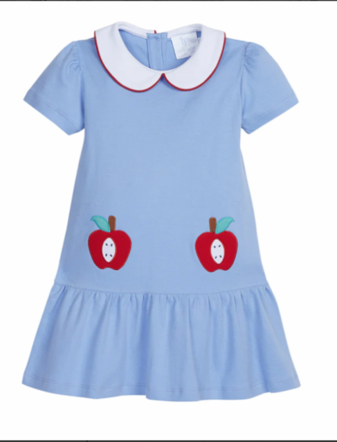 pre sale girls dresses  dark blue short sleeves top embroidered apple print with dress