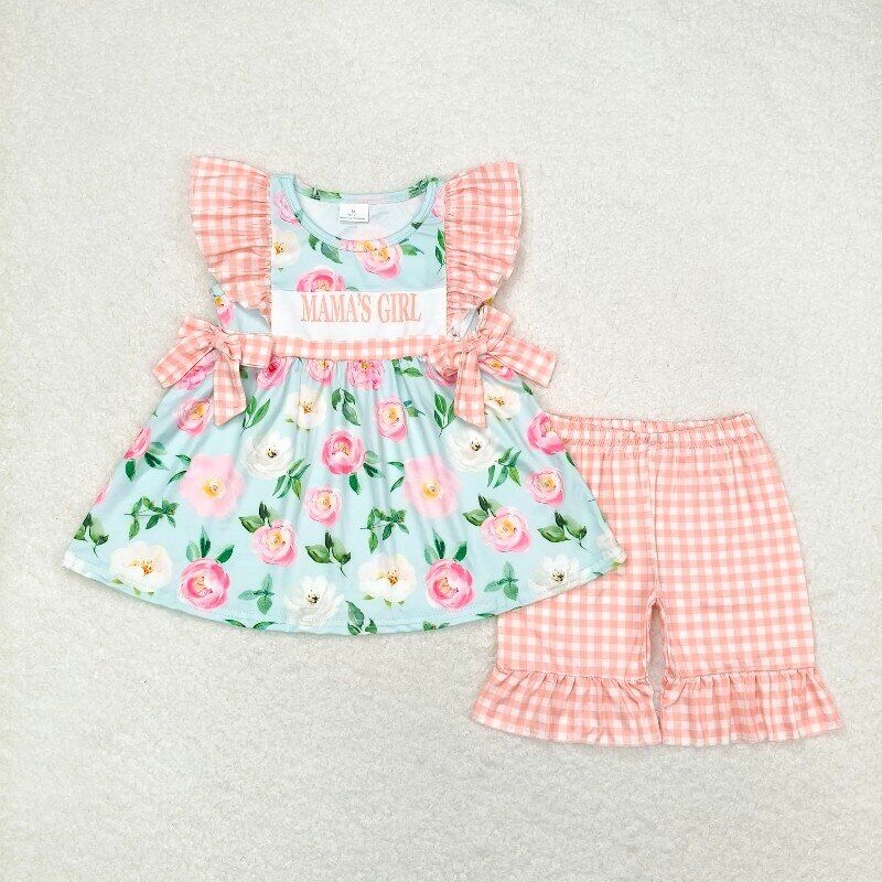 GSSO0803 mama's girl letter flower orange plaid lace bow flying sleeve short-sleeved suit