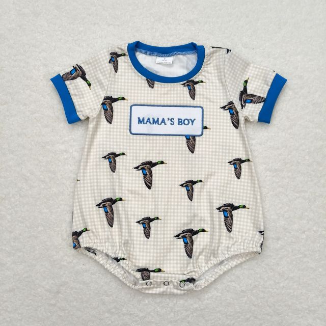 SR1377 mama's boy embroidered duck plaid short sleeve romper