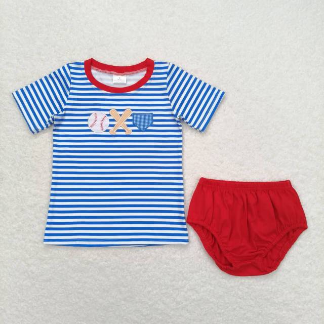 BT0657 Embroidered baseball blue and white striped short-sleeved top bummies set