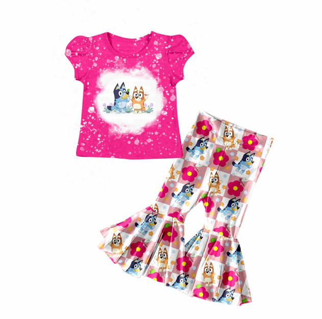 pre sale girls summer outfit sets  puff sleeves top bluey print and trousers