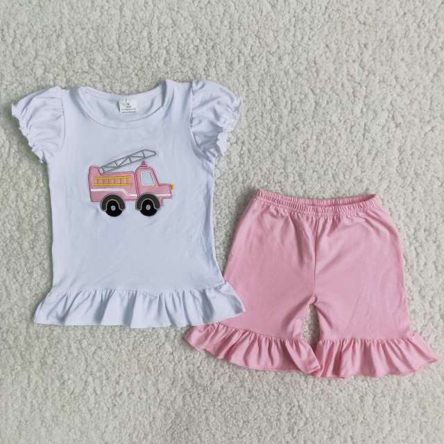 B3-4 kids girls summer clothes short sleeve top with shorts set