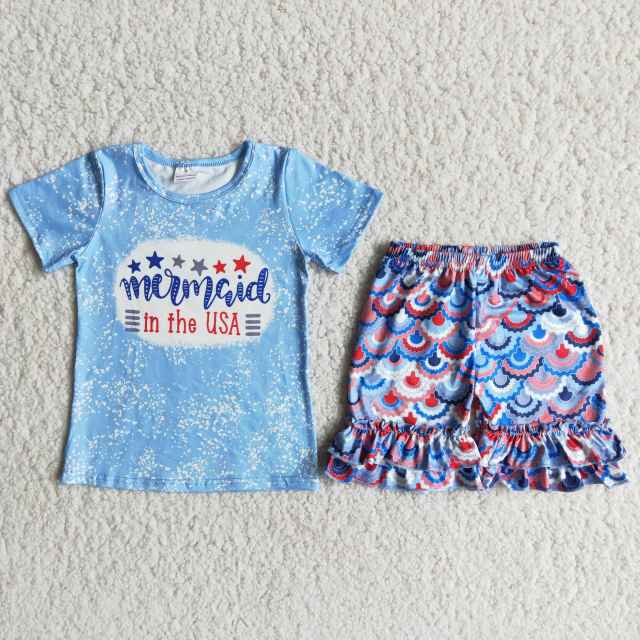 D13-19  kids girls summer clothes short sleeve top with shorts set