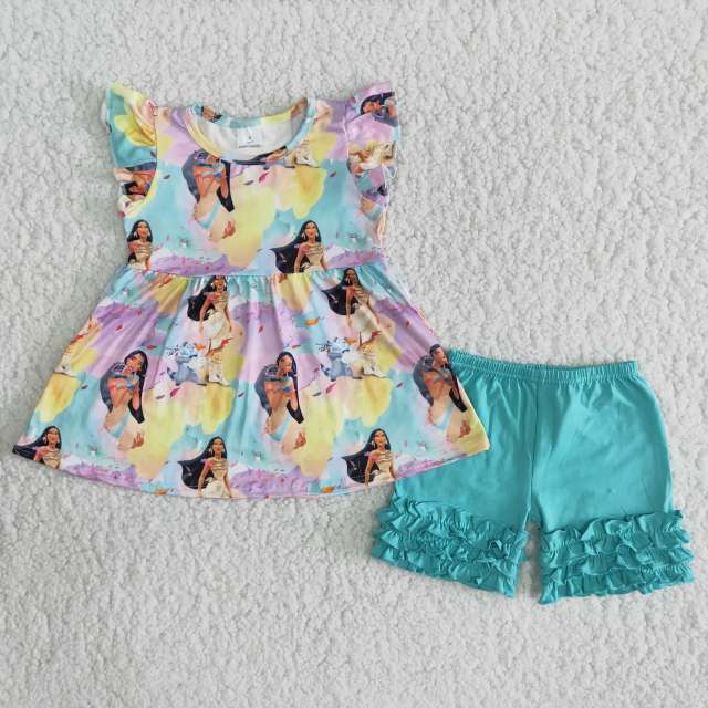B4-2 kids girls summer clothes short sleeve top with shorts set