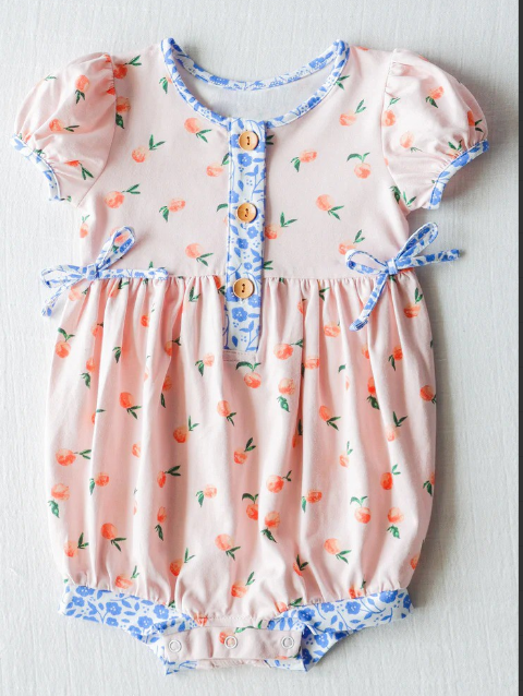 pre sale baby girl clothes puff sleeves top peach print  with romper