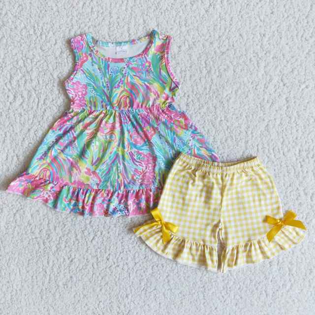 E8-19  kids girls summer clothes short sleeve top with shorts set