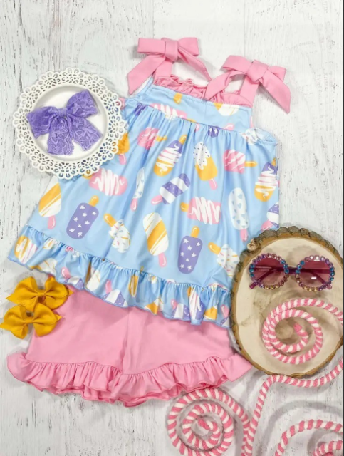 pre sale girls summer outfit sets  bow suspenders top ice cream print and  shorts