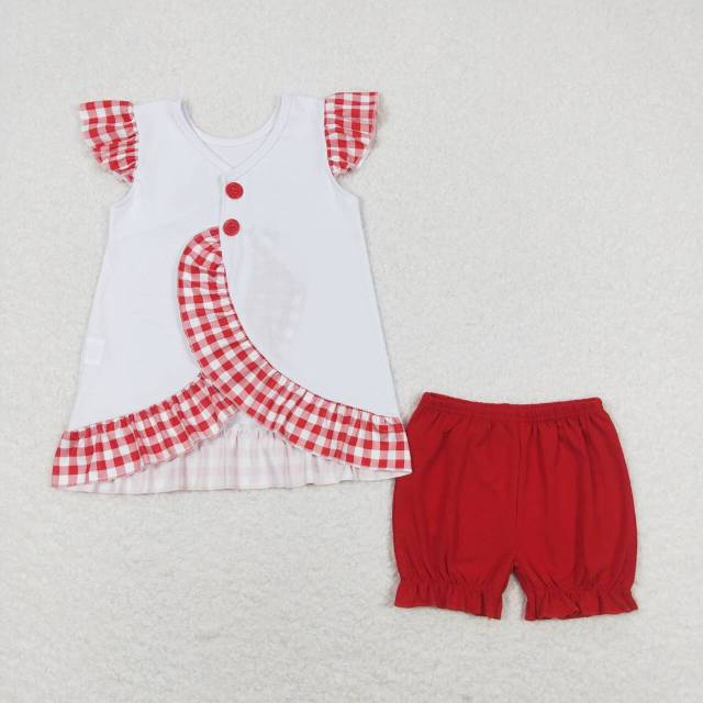 GSSO0662 Embroidery Fireworks Flag Trolley Red Plaid Lace Flying Sleeve Shorts Set