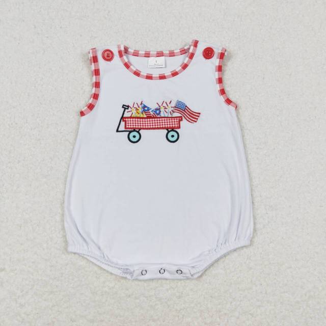 SR1078 Embroidery Fireworks Flag Trolley White romper