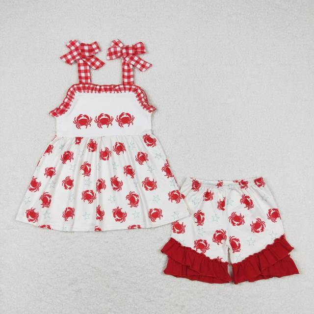 GSSO0728 Crab star red and white plaid lace beige suspender shorts set
