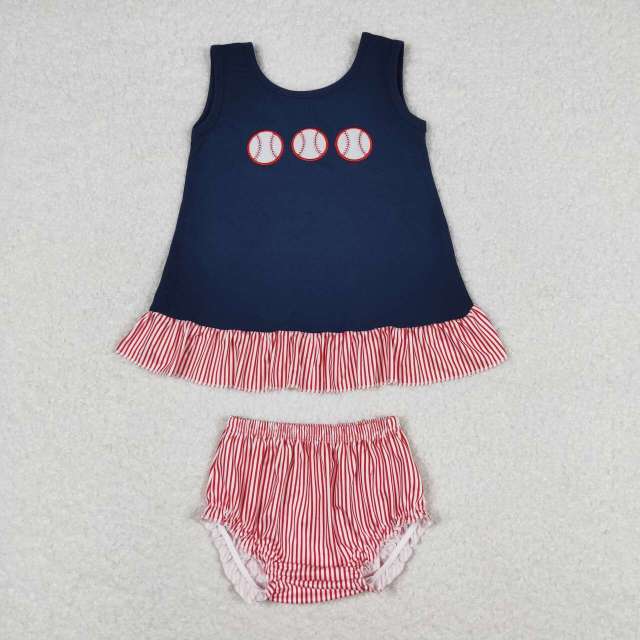 GBO0209 Embroidered baseball navy blue sleeveless red and white striped bummies set