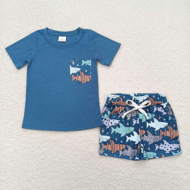 BSSO0830 Shark Pocket Blue Short Sleeve Shorts Set
