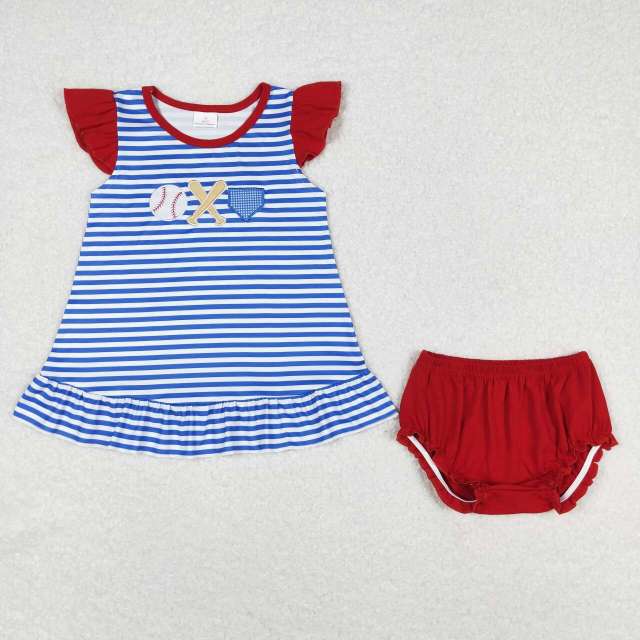 GT0560 Embroidered baseball blue and white striped flying sleeve bummies  set