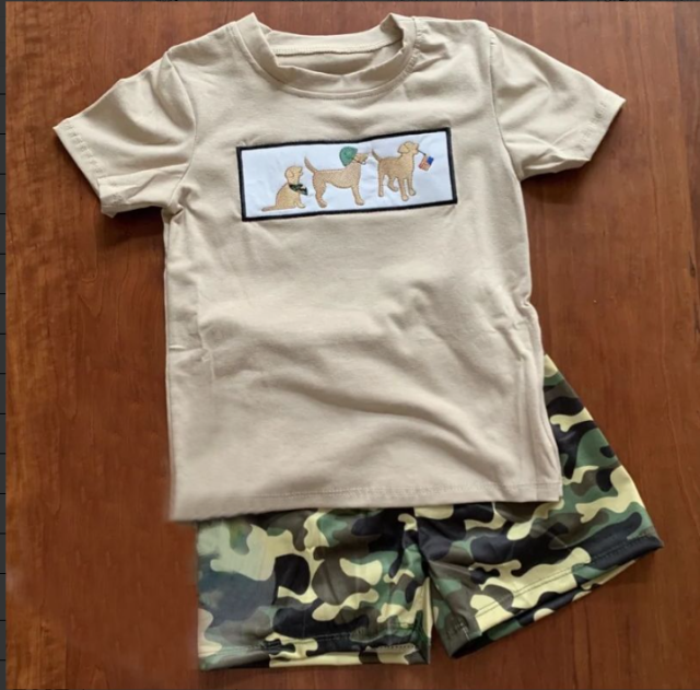 pre sale boys summer outfit sets  short sleeve top puppy print and camouflage  shorts