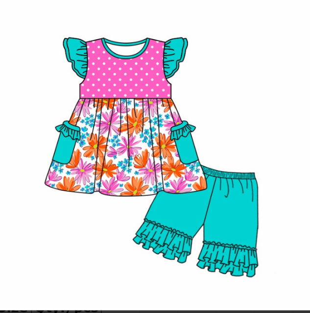 pre sale girls summer outfit sets  flying sleeves top chrysanthemum print and  shorts