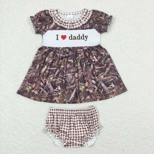 GBO0320 I love daddy embroidered letters brown plaid lace branches and leaves short-sleeved bummies set