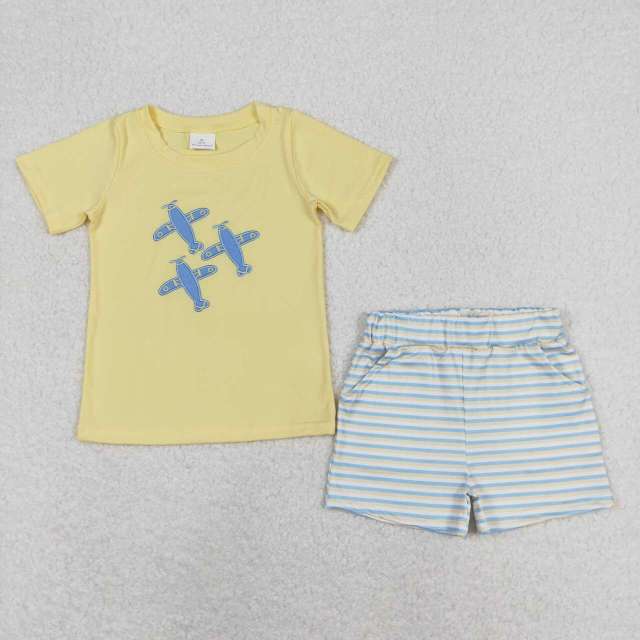 BSSO0696 Embroidered airplane yellow short-sleeved striped shorts set
