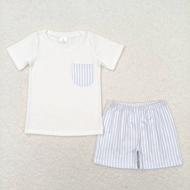 BSSO0764 Blue and White Striped Pocket Short Sleeve Shorts Set