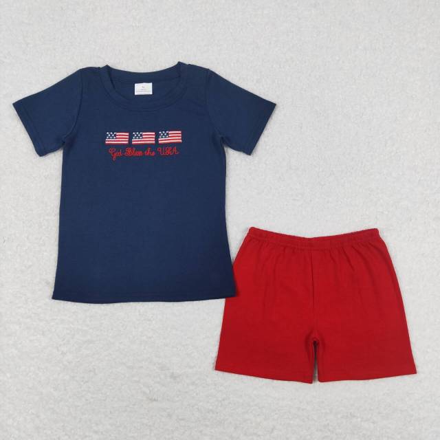 BSSO0713 god bless embroidered national flag navy blue short sleeve red shorts suit