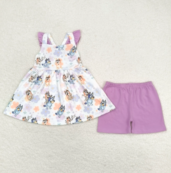 GSSO0998 bluey floral purple flying sleeve shorts suit