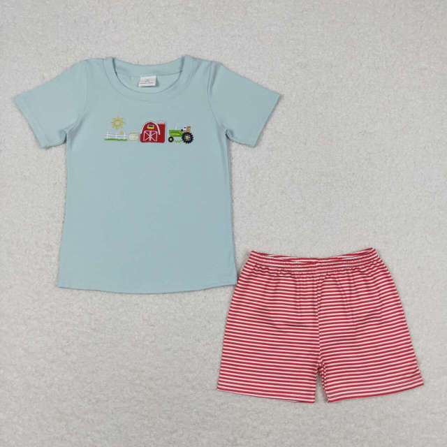 BSSO0702 Embroidery Farm Sun Red House Tractor Short Sleeve Red Striped Shorts Set