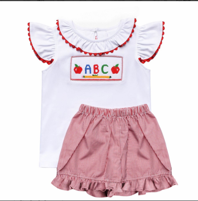 pre sale girls summer outfit sets flying sleeves top embroidery apple abc letters print and shorts