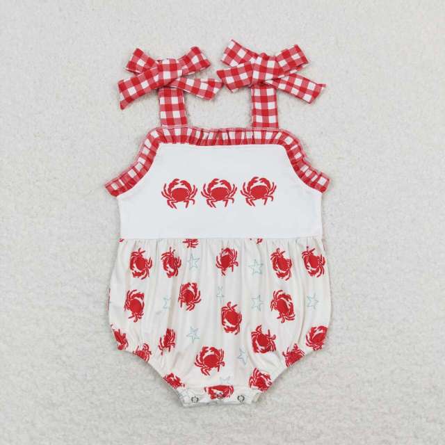 SR1185 Crab stars red and white plaid lace beige camisole romper